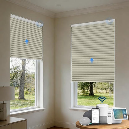 Motorized Cellular Shades with Remote, Smart Cellular Shades Compatible with Apple HomeKit, Alexa & Google Home, Cordless Honeycomb Window Blinds for Indoor Windows, Blackout Beige Linen