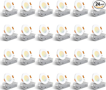 Amico 24 Pack 3 Inch 5CCT Ultra-Thin LED Recessed Ceiling Light with Junction Box, 2700K/3000K/3500K/4000K/5000K Selectable, 7W Eqv 60W, Dimmable Canless Wafer Light, 500LM High Brightness, ETL&FCC