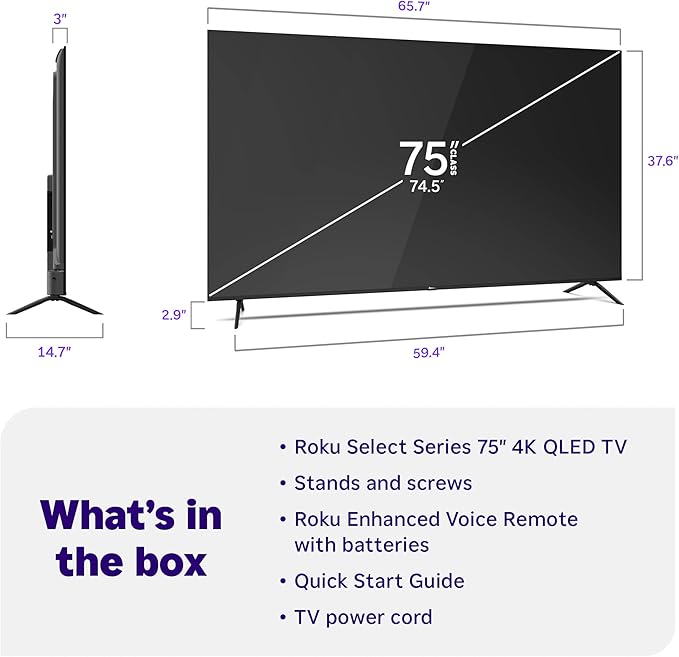 Roku Smart TV 2026 – 75-Inch Select Series, 4K QLED TV – Roku TV with Voice Remote – Flat Screen QLED Television with Wi-Fi for Streaming Live Local News, Sports, & Movies – Bluetooth Headphone Mode