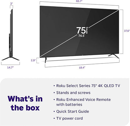 Roku Smart TV 2026 – 75-Inch Select Series, 4K QLED TV – Roku TV with Voice Remote – Flat Screen QLED Television with Wi-Fi for Streaming Live Local News, Sports, & Movies – Bluetooth Headphone Mode