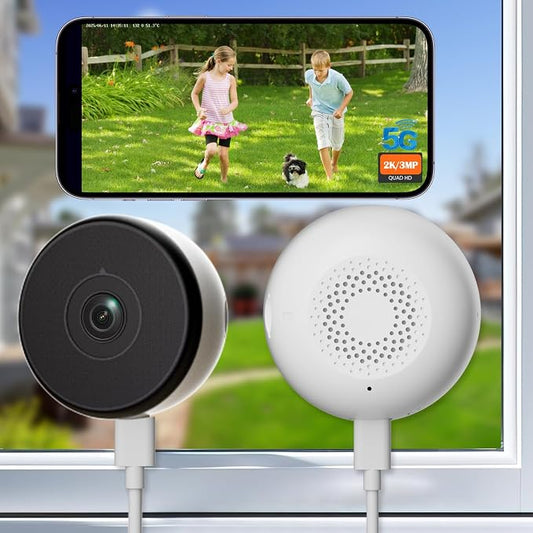 2K Indoor Dome Window Security Camera, 5G & 2.4GHz Dual Band WiFi Camera for Home Security, Color Night Vision, Human & Motion Detection, Real‑Time Alerts, 24/7 Recording, Alexa,White,Short-2P