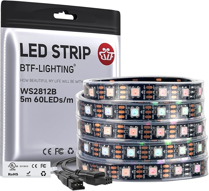 BTF-LIGHTING WS2812B IC RGB LED Strip,UL Listed,Pure Gold Wires,DC5V 16.4FT 300LED 5050SMD,Individually Addressable,Flexible for DIY Chasing Full Color Project,IP67(No Adapter or Controller)