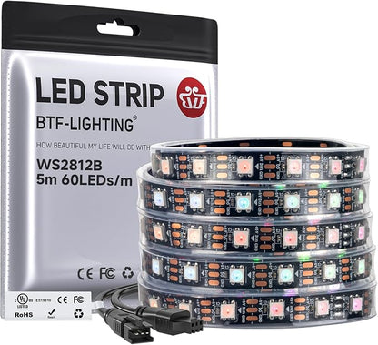 BTF-LIGHTING WS2812B IC RGB LED Strip,UL Listed,Pure Gold Wires,DC5V 16.4FT 300LED 5050SMD,Individually Addressable,Flexible for DIY Chasing Full Color Project,IP67(No Adapter or Controller)