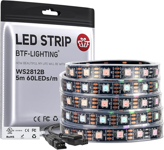 BTF-LIGHTING WS2812B IC RGB LED Strip,UL Listed,Pure Gold Wires,DC5V 16.4FT 300LED 5050SMD,Individually Addressable,Flexible for DIY Chasing Full Color Project,IP67(No Adapter or Controller)