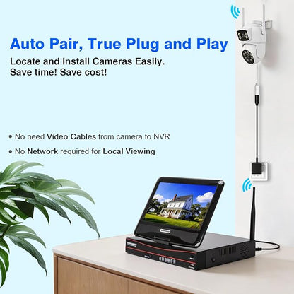 Expandable 16CH NVR Wireless Security System 10.1" Monitor, 4 Dual Lens PTZ 4MP Camera, Humanoid Motion Detection, Spotlight, Siren Alarm, 2-Way Audio, in/Outdoor, 1TB HDD, Color Nihgt Vision