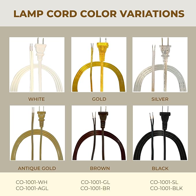 Royal Designs Lamp Cord Molded Plug with Rotary Dimmer Switch, Stripped Ends Ready for Wiring, 8 ft long, Gold, SPT-1 UL Listed