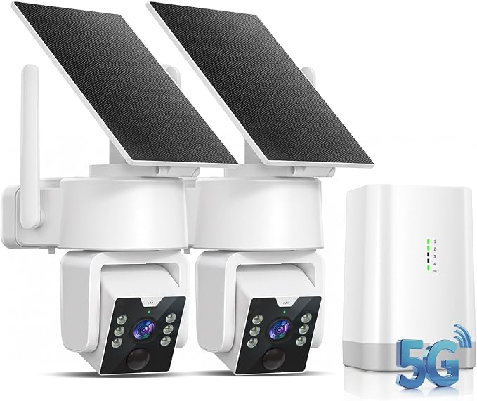 No Monthly Fee Solar Security Camera System with Home Hub, 2 Pack 4MP 360° PTZ Wireless Outdoor Cameras, Local Storage, Color Night Vision, 5GHz & 2.4GHz WiFi for Home Exterior, IP66