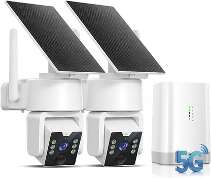 No Monthly Fee Solar Security Camera System with Home Hub, 2 Pack 4MP 360° PTZ Wireless Outdoor Cameras, Local Storage, Color Night Vision, 5GHz & 2.4GHz WiFi for Home Exterior, IP66