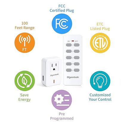 Syantek Remote Control Outlet Wireless Light Switch for Household Appliances, Expandable Remote Light Switch Kit, Up to 100 ft Range, FCC Certified, ETL Listed, White (3-1)