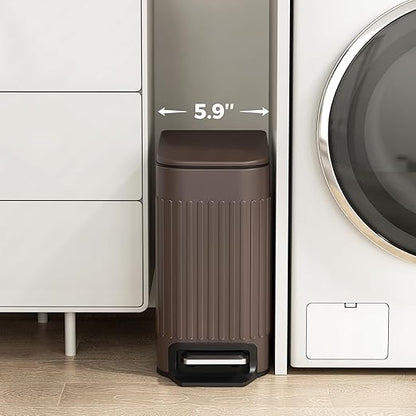 TrashAid Slim Bathroom Trash Can with Lid Soft Close, 6 Liter/1.6 Gallon Stainless Steel Small Garbage Can with Removable Inner Bucket, Step Pedal, Slim Wastebasket for Toilet, Office, Bedroom, Brown