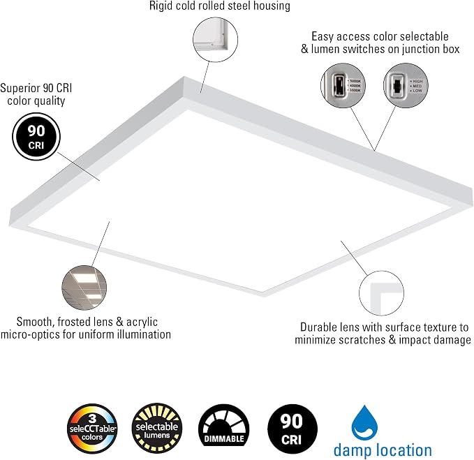 Metalux MMS Multi-Mount 2x2 LED Panel Ceiling Light with 3 CCT and Lumen Select, 0-10V Dimming, Surface Mount, Recessed, Suspended, Wall Mount, 90 CRI - 22MMS-L3C5-UNV