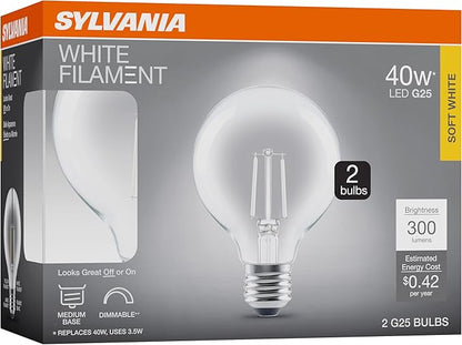 Sylvania G25 Clear Globe LED White Filament Bulb, 3.5W, Dimmable, 300 LMS, Medium Base, 2700K, Soft White - 2 Pack (42254)