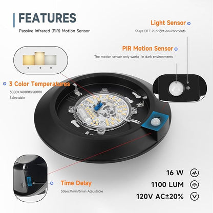 ECOELER 6Inch Motion Sensor LED Ceiling Light with Timer Countdown, 16W 1000Lm, 3 Colors in 1 (3000K/4000K/5000K), Occupancy Sensor Light Fixture for Doorway, Stairway, Corridor, Black