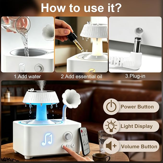 Morbou Raindrop Aroma Diffuser Room Humidifier with White Noise, 7-Color Air Mist Essential Oil Diffuser Sleep Sounds Aroma Rain Drop, with Remote Control (White)