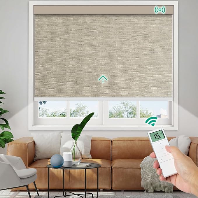 Motorized Roller Shades, 10O% Blackout Remote Control Custom Window Shades Compatible with Alexa Google Assistant via RF Hub, Rechargeable Electric Blinds for Windows (Texture Dark Coffee)
