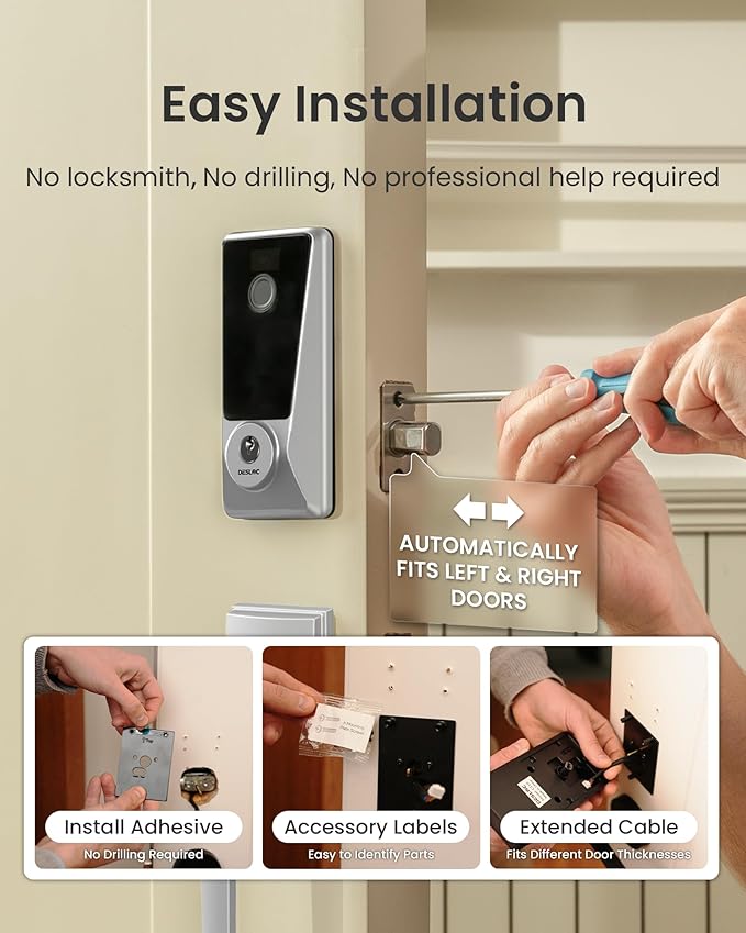 DESLOC WiFi Smart Lock D110 Plus, Built-in Wi-Fi No Hub Needed, Fingerprint Keyless Entry Front Door Lock, Touchscreen Keypad Deadbolt with Backlit, APP Control, Auto Lock, Anti-Peep PIN, BHMA Grade 3