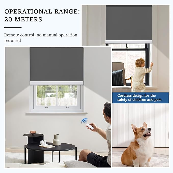 Grandekor Motorized Roller Shade with Remote Control,Motorized Blinds 100% Blackout Electric Shades, Cordless Window Blinds Shades for Bedroom Living Room Office,Dark Grey,W35 xH72