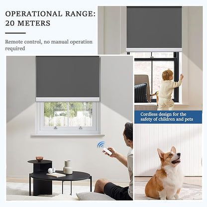 Grandekor Motorized Roller Shade with Remote Control,Motorized Blinds100% Blackout Electric Shades, Cordless Window Blinds Shades for Bedroom Living Room Office,Dark Grey,W34 xH72