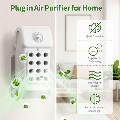 iDiskk 1Pack Plug in Air Purifier for Home，Negative Air ionizer & Motion Sensor, Mini Portable fresher for Bedroom, Bathroom, Office, Air Cleaner for Odor, Smoke, Pet Dander, Dust (White)
