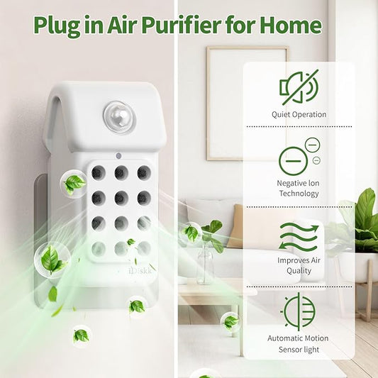 iDiskk 1Pack Plug in Air Purifier for Home，Negative Air ionizer & Motion Sensor, Mini Portable fresher for Bedroom, Bathroom, Office, Air Cleaner for Odor, Smoke, Pet Dander, Dust (White)