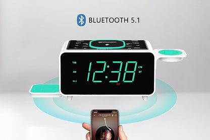 Emerson Smartset Dual Alarm Clock FM Radio with Wireless Charging, Bluetooth Speaker, Ultra Fast Charging for Airpods/iPhone, Foldable Stand, USB Charger, Adjustable LED Glow, ER100501