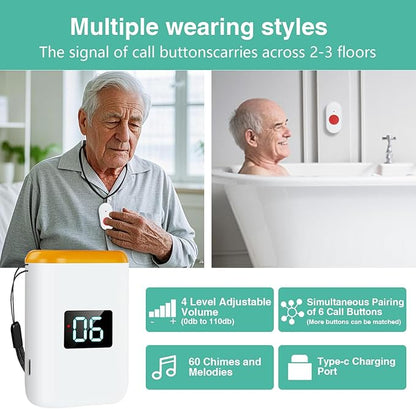 Caregiver Pager Wireless Call Button for Elderly Monitoring Vibration Call Bell Medical Alert System with Digital Display for Elderly (6 Call Buttons + 1 receivers)