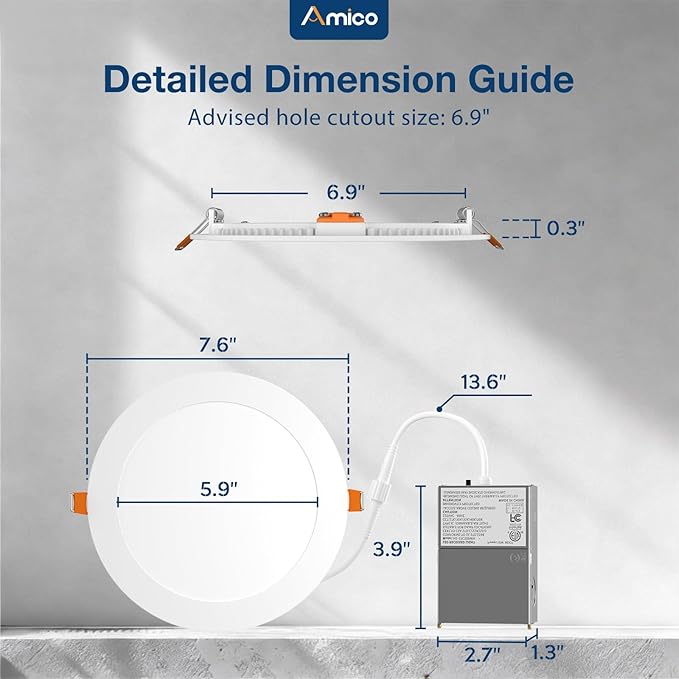 Amico 12 Pack 7 Inch 5CCT Ultra-Thin LED Canless Recessed Ceiling Light with Junction Box, 2700K/3000K/3500K/4000K/5000K Selectable, 15W=100W, 1300LM High Brightness, Dimmable Wafer Downlight, ETL&FCC