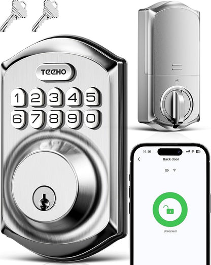 TEEHO TE011W WiFi Keypad Deadbolt, Smart Locks for Front Door, Satin Nickel