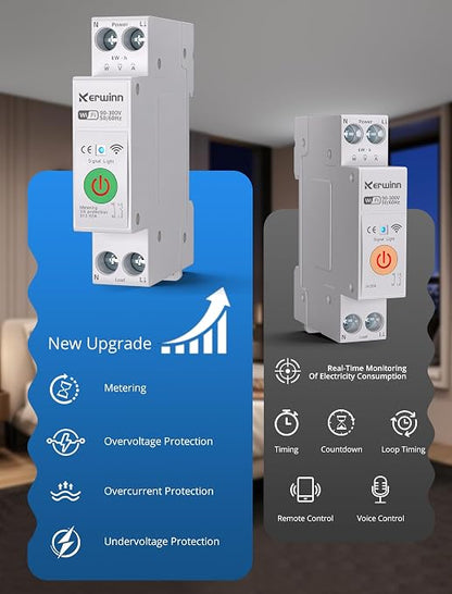 WiFi Smart Circuit Breaker 1P+N, 24-Hour Energy Monitoring, DIN Rail Mount, Smart Life/Tuya APP Remote Control & Voice Control Compatible with Alexa/Google Assistant (1-63A)