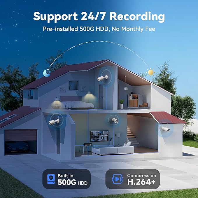 Wired Security Camera System Outdoor with 4pcs 1080P Waterproof Security Camera, 4CH AHD DVR with 500G HDD Indoor/Outdoor Surveillance DVR Kit, IR Night Vision, Motion Detection, 24/7 Record