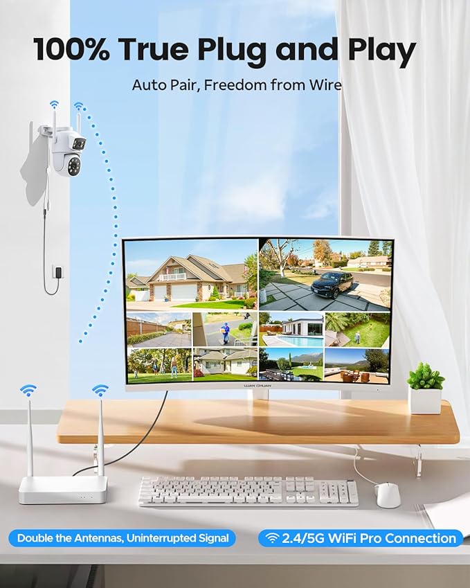 4MP Dual Lens Home Security Camera System Wireless, Security Cameras Wireless Outdoor 24/7 Record, Auto Tracking, 5G & 2.4G WiFi, Night Vision, 2-Way Audio, 360° PTZ, 10CH 4K NVR 500GB No Subscription