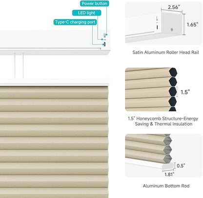 Motorized Top Down Bottom Up Cellular Shades with Remote, Custom Cordless Smart Honeycomb Blinds, Automatic Electric Light Filtering Window Blinds Work with Alexa Google for Home Office, Beige