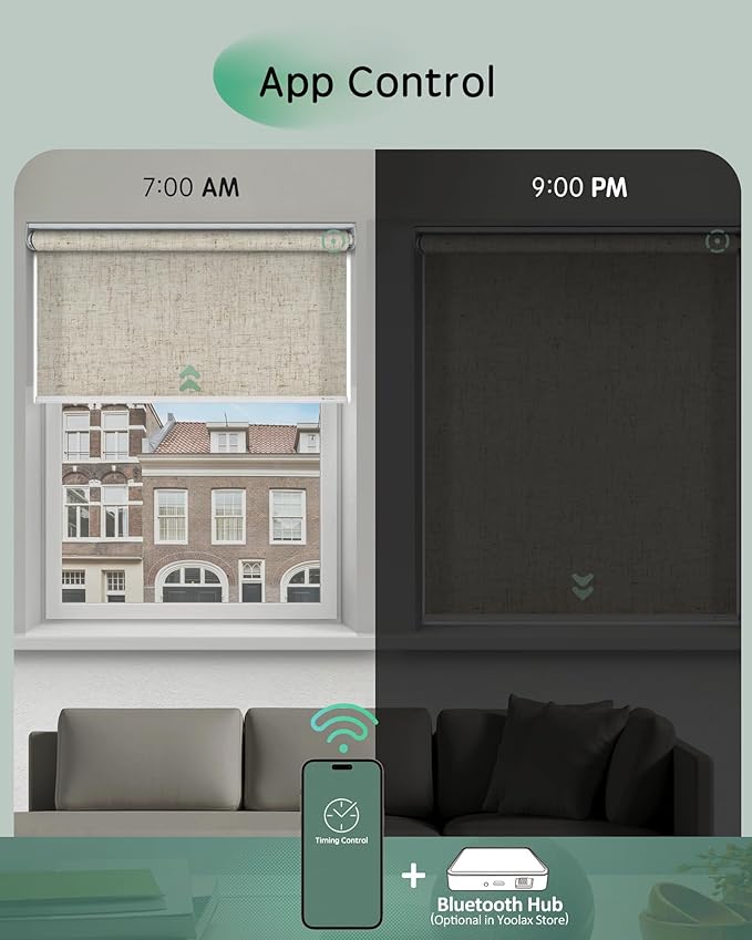 Yoolax Motorized Shades App Control, Light Filtering Automatic Blinds for Indoor Windows, Electric Roller Shades for Bedroom Living Room Office (Soft Linen Beige, 36" W x 72" H)