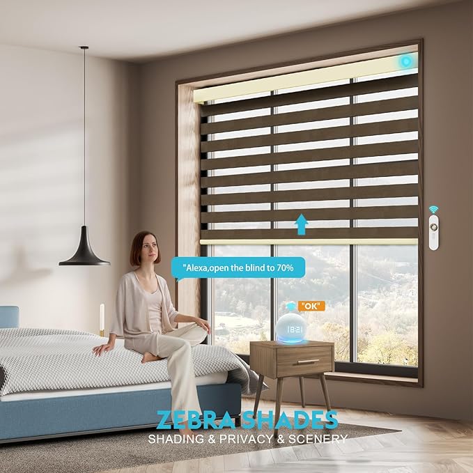 Motorized Zebra Blinds with Remote, Work with HomeKit Alexa, Smart Light Filtering Horizontal Automatic Electric Window Shades for Home Office Customsize(90% Blackout Wide Brown)