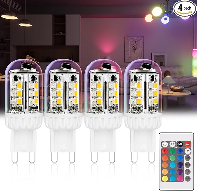 G9 LED Bulb Color Changing Remote Controlled, G9 RGB Light Bulbs LED Not Smart, 3W 100-240V 2700K Warm White+15 Multi Color for Indoor, Party & Home Decor (4 Bulbs and 1 Remote)