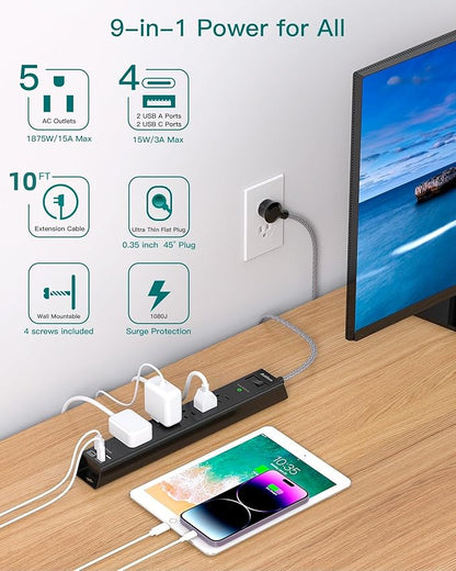 10Ft Surge Protector Power Strip - Extension Cord with Multiple Outlets, 5 Widely Outlets 4 USB Ports, Wall Mount, Flat Plug, Desk Charging Station for Home Office College Dorm Room Essentials