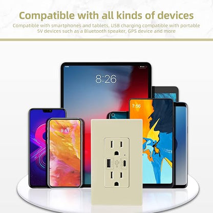 Micmi USB Outlet with C + A Wall Dual High Speed Receptacle Smart 4.8A Fast Charging Capability, 15Amp 125Volt, Tamper Resistant Wall Plate Included UL Listed (1Pack, Ivory, 15 Amp Outlet)