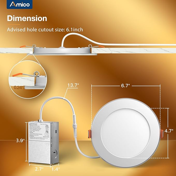 Amico 20 Pack 6 Inch 5CCT LED Recessed Ceiling Light with Night Light, 2700K/3000K/3500K/4000K/5000K Selectable Ultra-Thin Recessed Lighting, 12W=110W, 1100LM, Dimmable Canless Wafer Downlight ETL&FCC