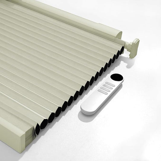 Boolegon No Drill Motorized Cellular Blinds with Remote Motorized Blackout Honeycomb Blinds for Indoor Windows Easy to Install Automatic Cellular Shades for Home,Blackout Beige,Custom Size