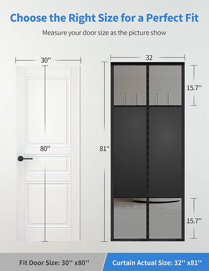 Magnetic Screen Door with Privacy Protection, PET Mesh Screen Fit for Door Size 30x80 Inch (Curtain Size 32x81 Inch), Pet Friendly Screen Curatin for Doorway to Keeps Bugs Out