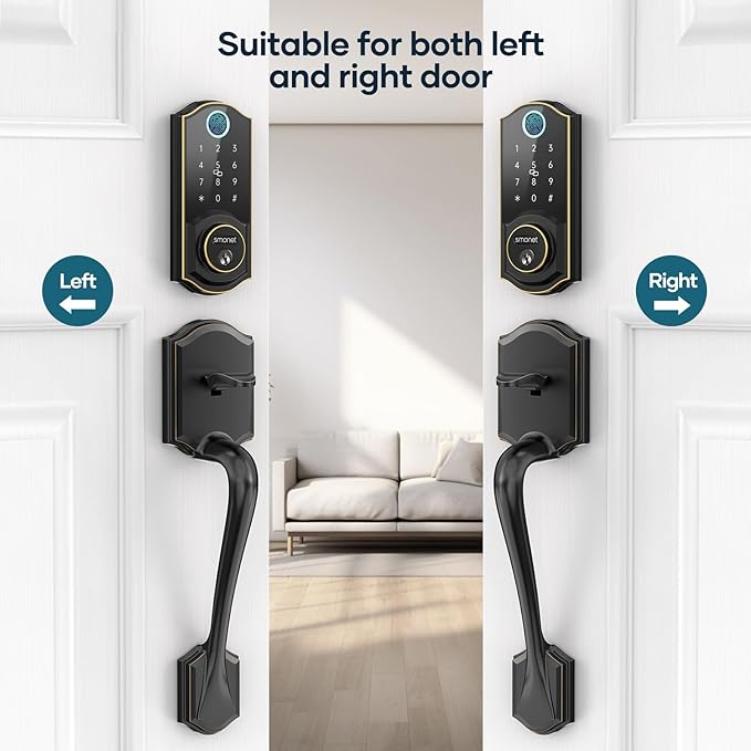 SMONET Front Door Lock Set Keyless Entry, Smart Door Lock with Handle, Fingerprint Keypad Bluetooth Alexa Deadbolt Lockset Suitables for Rental Management and Smart Home Residents