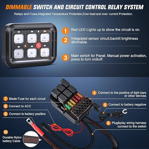 Nilight 6 Gang Switch Panel Relay System Automatic Dimmable | Universal Circuit Control with Fuse Wiring Harness ON-Off Red Backlit LED Pod for Cars Trucks Boats ATV UTV SUV