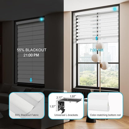 Motorized Zebra Blinds with Remote, Work with HomeKit Alexa, Smart Light Filtering Horizontal Automatic Electric Window Shades for Home Office Customsize(55% Blackout White)