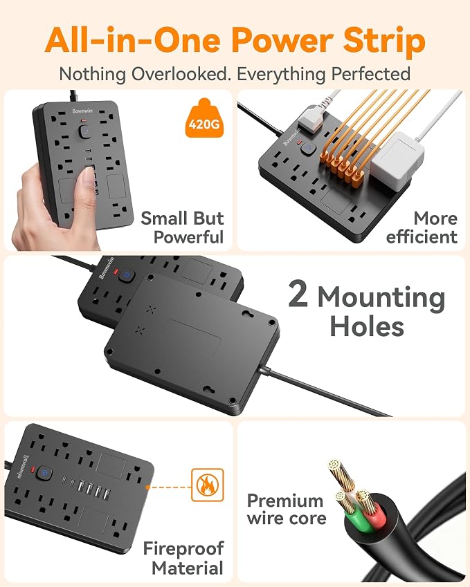 Surge Protector Power Strip - 11 Outlets(1850W/15A/14AWG) with 6 USB Ports(2 USB C), 6/12FT Flat Plug Extension Cord, Wall Mount, Black, ETL Listed for Home, Dorm Room