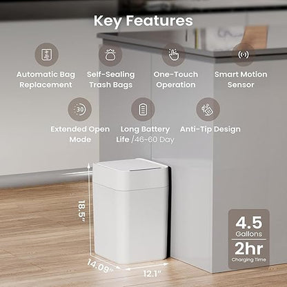 Automatic Self Changing Trash Can,Self Sealing Trash can,Self Bagging Motion Sensor Touchless Garbage Can for Kitchen Bathroom Office, 4.5 Gallon 17L, 12 Refill Rings
