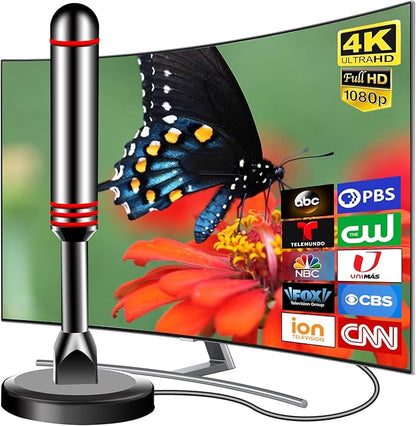 TV Antenna for Smart TV Indoor, 2024 Newest Antenna with Strong Magnetic Base, 360°&Long Range Reception TV Antenna for Local Channels, Easy Setup Antenna for TV Without Cable (Black+Red)