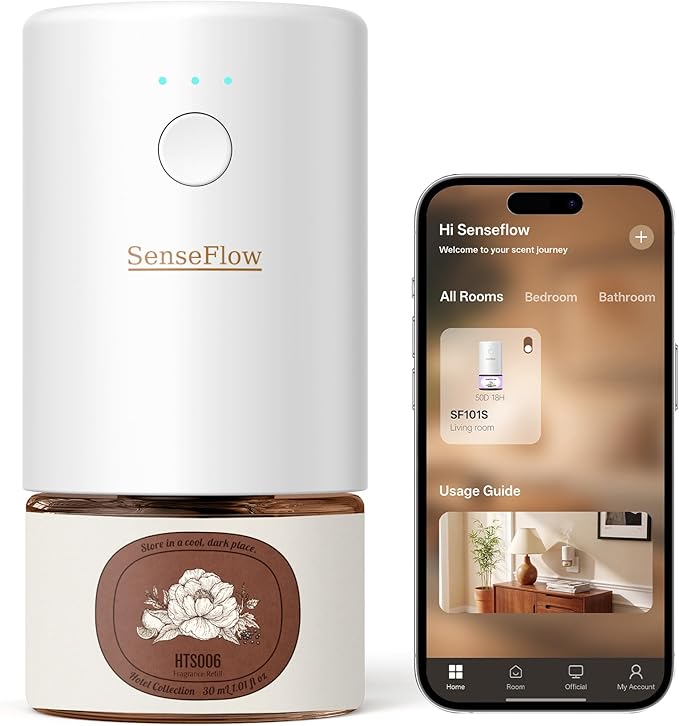 Essential Oil Diffuser for Home, Smart Waterless Aromatherapy Diffuser SF101S Pro, Plug in Room Scent with Timer & 120-Day Natural Aroma – Free 30ml HT N°6(Sage White)