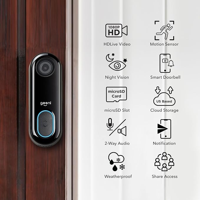 Geeni Smart Video Doorbell, 1080p HD, Night Vision, Wired Installation