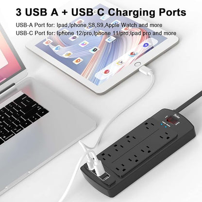 Yintar 10Ft Surge Protector Power Strip with 8 Outlets and 4 USB Ports | 10 Feet Flat Plug Extension Cord with Multiple Outlets for Home, Office, Dorm Essentials, 2700 Joules, ETL, Black