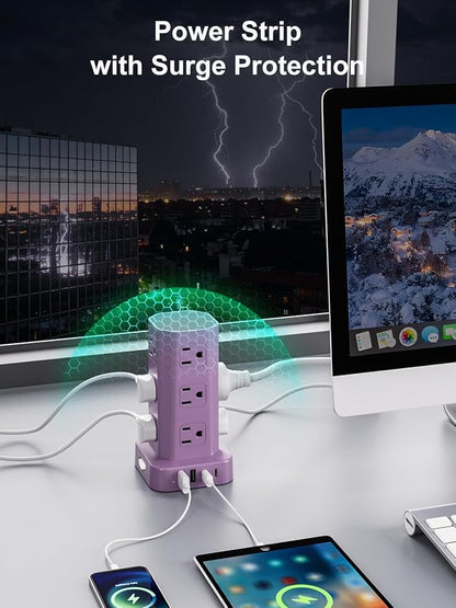 Power Strip Tower Surge Protector, 6FT Flat Plug Extension Cord with Multiple Outlets, 12 AC Outlets 4 USB (2 USB C), Desktop Charging Station with Surge Protection for Home Office Dorm Room, Purple